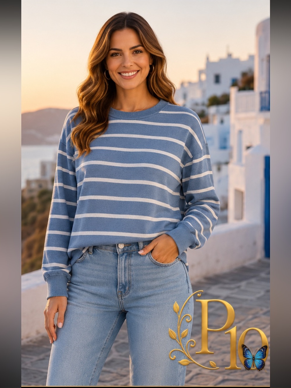 Coastal Fresh Blue and White Striped Oversized 
💯 Cotton Top XS Few Moda NWT